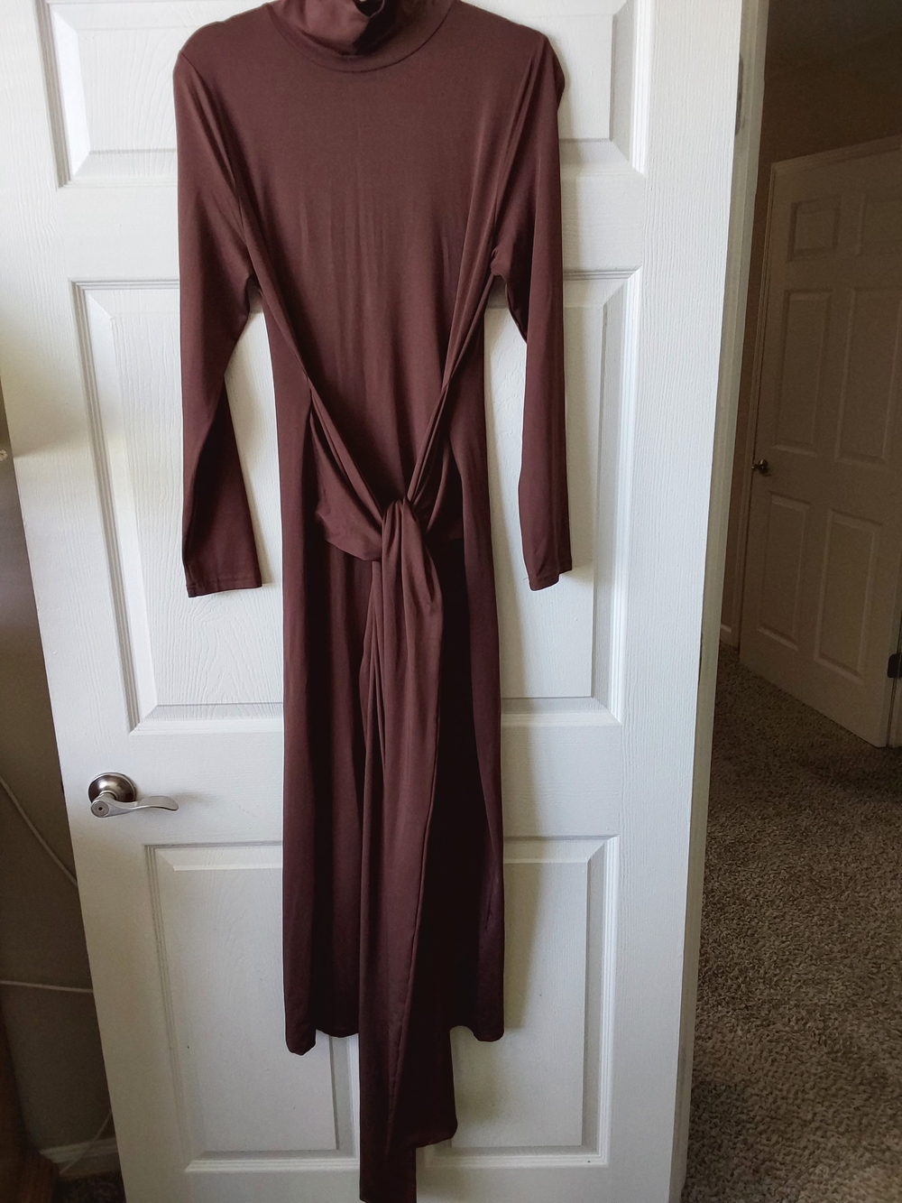 SHEIN Chocolate Brown Long Sleeve Maxi Dress with Tie Waist